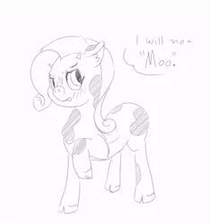 Size: 811x867 | Tagged: 4chan, annoyed, artist:icarus, blushing, cow, cute, derpibooru import, drawthread, monochrome, raised hoof, raribetes, raricow, rarity, safe, simple background, solo, species swap