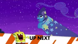 Size: 600x337 | Tagged: safe, derpibooru import, edit, edited screencap, screencap, trixie, pony, unicorn, no second prances, cannon, exploitable meme, image, inappropriate timing spongebob banner, meme, night, png, spongebob laughs at your misery, spongebob squarepants, spongebob squarepants (character), stars