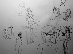 Size: 996x732 | Tagged: artist:fuzzyfurvert, derpibooru import, dialogue, glasses, human, looking at you, monochrome, safe, sci-twi, sketch, sketch dump, speech bubble, twilight sparkle