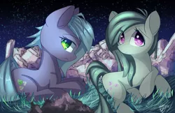 Size: 1964x1271 | Tagged: safe, artist:kawaiipony2, derpibooru import, limestone pie, marble pie, earth pony, pony, cute, duo, female, limabetes, looking at you, lying down, marblebetes, mare, night, prone, rock farm, sisters, smiling, starry night, stars, underhoof