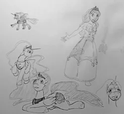 Size: 979x896 | Tagged: artist:fuzzyfurvert, crown, cutie mark, derpibooru import, dialogue, human, humanized, jewelry, looking at you, monochrome, petticoat, princess luna, regalia, safe, sketch, sketch dump