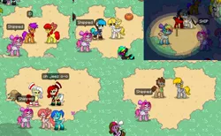 Size: 1104x680 | Tagged: safe, derpibooru import, apple bloom, derpy hooves, doctor whooves, scootaloo, time turner, oc, oc:i ship it, ladybug, pegasus, pony, pony town, chat noir, clothes, dreamy sans, female, fluttershout, lesbian, mare, rainbow socks, scootabloom, shipper on deck, shipping, shoutflutter, socks, striped socks, undertale