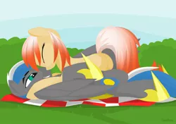 Size: 2048x1440 | Tagged: safe, artist:hoverrover, derpibooru import, oc, oc:cloud zapper, oc:milky chocoberry, unofficial characters only, earth pony, pegasus, pony, armor, cuddling, dock, eyes closed, female, hooves, lineless, lying down, male, mare, milkyzapper, picnic blanket, plot, royal guard, shipping, smiling, snuggling, stallion, straight, teeth, wings