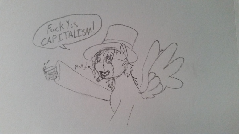 Size: 5312x2988 | Tagged: safe, artist:fuzzyfurvert, derpibooru import, derpy hooves, pegasus, pony, alcohol, capitalism, cigar, female, hat, jewelry, mare, monochrome, monocle, sketch, solo, speech bubble, top hat, traditional art, vulgar