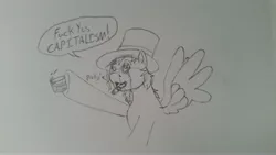 Size: 5312x2988 | Tagged: safe, artist:fuzzyfurvert, derpibooru import, derpy hooves, pegasus, pony, alcohol, capitalism, cigar, female, hat, jewelry, mare, monochrome, monocle, sketch, solo, speech bubble, top hat, traditional art, vulgar