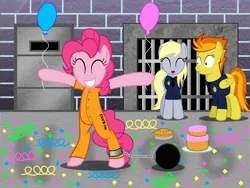 Size: 3000x2250 | Tagged: safe, artist:spellboundcanvas, derpibooru import, derpy hooves, pinkie pie, spitfire, pegasus, pony, ball and chain, balloon, clothes, confetti, confused, female, food, happy, mare, party, pie, prison, prison outfit, prisoner