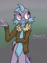 Size: 768x1024 | Tagged: artist:glassmenagerie, clothes, coat, derpibooru import, dragon, glass sculpture, oc, oc:menagerie, safe, solo, unofficial characters only