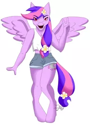 Size: 1587x2187 | Tagged: anthro, anthro oc, artist:twigpony, clothes, derpibooru import, looking at you, midriff, oc, oc:moonlight blossom, open mouth, peace sign, pegasus, red eyes, safe, shorts, solo, tanktop, unguligrade anthro, unofficial characters only