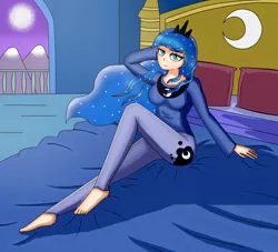 Size: 2200x2000 | Tagged: arm behind head, artist:focusb, balcony, barefoot, bed, bedroom eyes, clothes, cute, cutie mark on human, derpibooru import, feet, human, humanized, looking at you, moon, night, pants, pose, princess luna, safe, sitting, smiling, solo