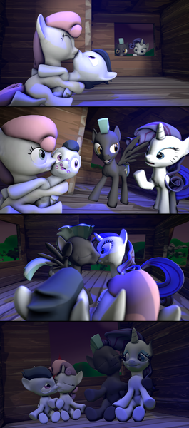 Size: 1920x4344 | Tagged: suggestive, artist:viranimation, derpibooru import, rarity, rumble, sweetie belle, thunderlane, pegasus, pony, unicorn, 3d, cute, female, filly, filly on colt, kissing, lipstick, lipstick fetish, male, mare, rarilane, rumbelle, shipping, source filmmaker, stallion, story included, straight
