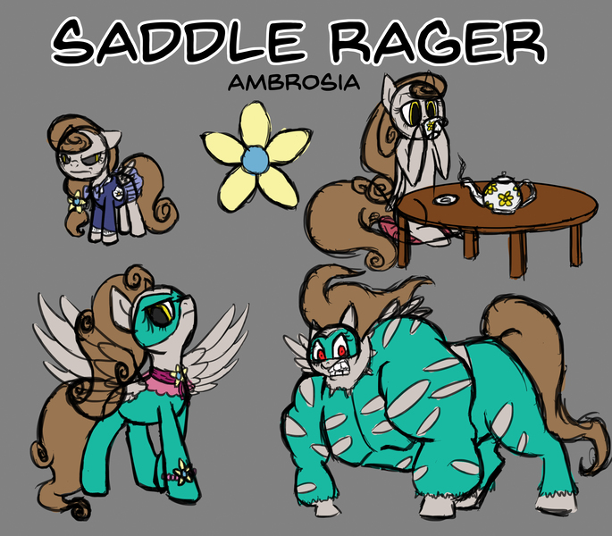 Size: 6336x5546 | Tagged: safe, artist:torusthescribe, derpibooru import, idw, saddle rager, pegasus, pony, absurd resolution, clothes, female, filly, food, mare, power ponies, reference sheet, simple background, table, tea