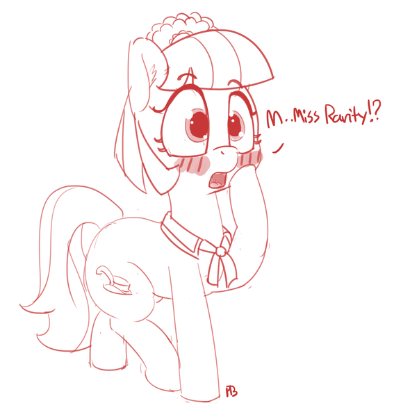 Size: 1280x1354 | Tagged: safe, artist:pabbley, derpibooru import, coco pommel, blushing, dialogue, monochrome, open mouth, shocked, simple background, solo, white background