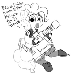 Size: 1280x1295 | Tagged: artist:pabbley, clothes, crossover, derpibooru import, dialogue, heavy weapons guy, heavy weapons pie, minigun, monochrome, pinkie pie, safe, simple background, solo, team fortress 2, white background