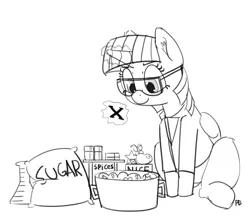 Size: 1280x1109 | Tagged: safe, artist:pabbley, derpibooru import, twilight sparkle, twilight sparkle (alicorn), alicorn, pony, chemical x, clothes, crossover, everything nice, food, lab coat, monochrome, professor utonium, safety goggles, science, simple background, solo, spice (food), sugar (food), sugar spice and everything nice, the powerpuff girls, white background