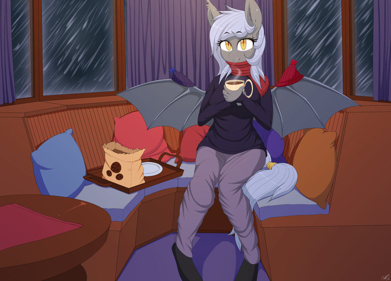 Size: 2785x2000 | Tagged: safe, artist:replica, derpibooru import, oc, oc:panne, unofficial characters only, anthro, bat pony, unguligrade anthro, chocolate, clothes, cozy, food, hot chocolate, looking at you, pajamas, scarf, snow, snowfall, socks, solo, sweater