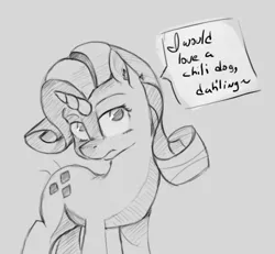Size: 1042x962 | Tagged: artist:post-it, chili dog, chilli, colored sketch, crossover, derpibooru import, food, hot dog, meat, monochrome, rarity, safe, sausage, shipping, solo, sonic the hedgehog (series), speech bubble