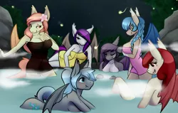 Size: 3300x2100 | Tagged: suggestive, artist:twighat, derpibooru import, oc, oc:cherri crimzon, oc:dreamscape, oc:glimmer palette, oc:midnight mural, oc:peach blossom, oc:sweet hum, unofficial characters only, anthro, bat pony, firefly (insect), anthro oc, breasts, cleavage, commission, fangs, female, females only, group, hot springs, milf, night, nudity, relaxing, steam, strategically covered