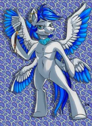 Size: 747x1024 | Tagged: safe, derpibooru import, oc, oc:turquoise, unofficial characters only, pony, semi-anthro, seraph, bipedal, collar, colored feathertips, jewelry, multiple wings, necklace, paintbrush, solo, tiled background