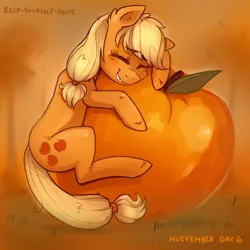 Size: 1024x1024 | Tagged: apple, applejack, artist:kyaokay, derpibooru import, food, giant apple, grin, hug, safe, smiling, solo, that pony sure does love apples