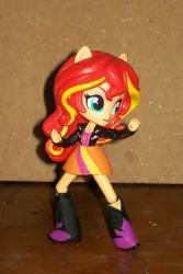 Size: 700x1050 | Tagged: safe, derpibooru import, sunset shimmer, equestria girls, boots, clothes, doll, equestria girls minis, eqventures of the minis, fighting stance, jacket, leather jacket, pony ears, skirt, solo, toy