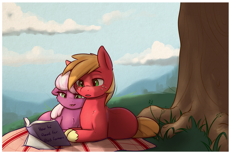 Size: 1800x1200 | Tagged: safe, artist:captainpudgemuffin, derpibooru import, big macintosh, cheerilee, earth pony, pony, blanket, book, captainpudgemuffin is trying to murder us, cheeribetes, cheerimac, cloud, commission, cute, female, illiteracy, lidded eyes, macabetes, male, mare, open mouth, ponyloaf, prone, reading, shipping, sky, smiling, snuggling, stallion, straight, tree, younger