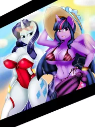 Size: 6000x8000 | Tagged: absurd resolution, alicorn, anthro, artist:handmantoot, beach, big breasts, bikini, breasts, busty rarity, busty twilight sparkle, clothes, derpibooru import, duo, duo female, female, looking at you, purple swimsuit, rarity, red swimsuit, striped swimsuit, suggestive, sunglasses, swimsuit, twilight sparkle, twilight sparkle (alicorn)