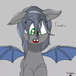 Size: 1500x1500 | Tagged: safe, artist:eclipsepenumbra, derpibooru import, oc, oc:eclipse penumbra, unofficial characters only, bat pony, pony, bat wings, eeee, fangs, food, green eyes, marshmallow, signature, solo