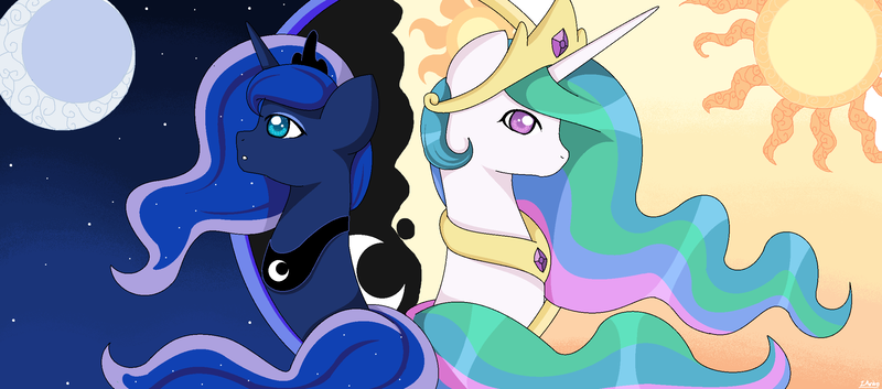 Size: 2392x1056 | Tagged: safe, artist:reimina2, derpibooru import, princess celestia, princess luna, bust, colored pupils, crescent moon, duo, looking at you, moon, night, night sky, portrait, stars, sun