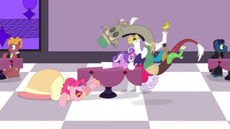 Size: 8000x4500 | Tagged: absurd resolution, artist:kimberlycolors, clothes, crossover, derpibooru import, discord, dress, fanfic:daughter of discord, fart joke, grand galloping gala, laughing, nightcrawler, pinkie pie, ponified, ronaldo fryman, safe, screwball, spoiler, steven universe, x-men