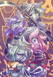 Size: 2408x3500 | Tagged: safe, artist:kaikoinu, derpibooru import, limestone pie, marble pie, maud pie, pinkie pie, earth pony, semi-anthro, vampire, cape, claws, clothes, costume, dracula, female, freddy krueger, grim reaper, halloween, halloween costume, holiday, jack-o-lantern, metal claws, nightmare night, pie sisters, pinkamena diane pie, pumpkin, scythe, siblings, sisters, witch