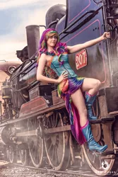 Size: 1024x1536 | Tagged: artist:babygirlfallenangel, boots, clothes, corset, cosplay, costume, derpibooru import, high heel boots, high heels, human, irl, irl human, locomotive, photo, rainbow dash, safe, shoes, solo, steam engine, train