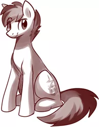 Size: 644x832 | Tagged: safe, artist:fizzy-dog, derpibooru import, oc, unofficial characters only, earth pony, pony, looking at you, monochrome, sitting, smiling, solo