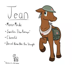 Size: 1391x1255 | Tagged: artist:the-furry-railfan, brodie helmet, canada, derpibooru import, ear piercing, earring, fallout equestria: long haul, hat, helmet, horse collar, jewelry, maple leaf, medic, medical saddlebag, moose, oc, oc:jean, piercing, raised hoof, reference sheet, saddle bag, safe, size difference, unofficial characters only, wind chime, yoke