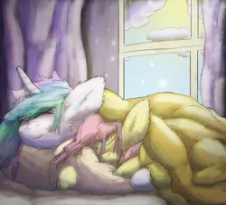 Size: 4104x3713 | Tagged: safe, artist:firefanatic, derpibooru import, fluttershy, princess celestia, alicorn, pegasus, pony, bed, bed mane, blanket, colored, cuddling, cute, duo, ear fluff, eyes closed, fluffy, friendshipping, messy mane, prone, sleeping, smiling, snuggling, story included, window