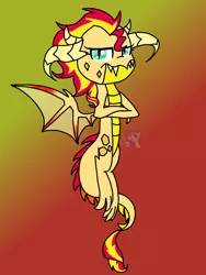 Size: 960x1280 | Tagged: artist:xxsunsetshimmer23xx, crossed arms, derpibooru import, dragon, dragonified, fangs, flying, gradient background, lidded eyes, looking at you, safe, solo, species swap, spread wings, sunset dragon, sunset shimmer