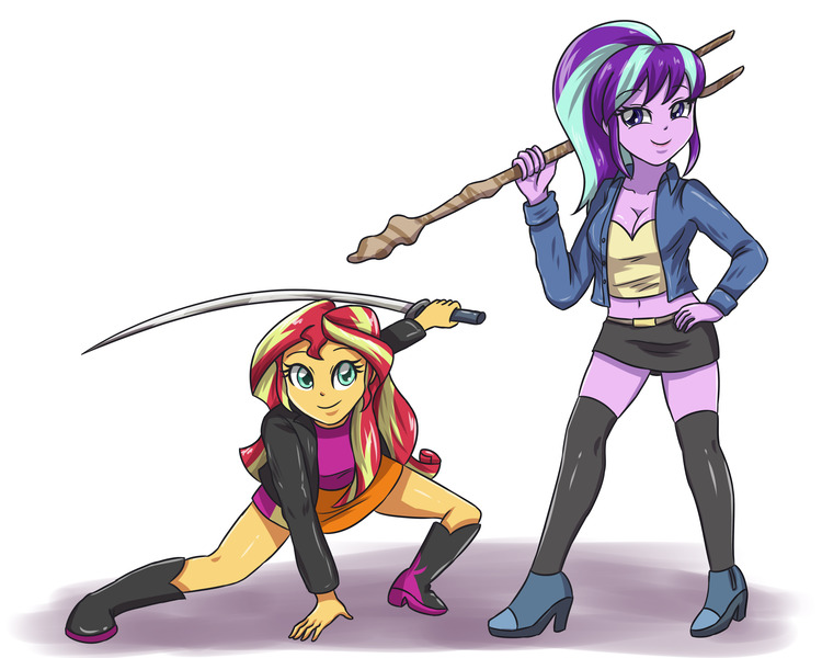 Size: 5905x4724 | Tagged: safe, artist:sumin6301, derpibooru import, starlight glimmer, sunset shimmer, equestria girls, absurd resolution, belly button, boots, clothes, cute, duo, equestria girls-ified, high heel boots, high heels, jacket, katana, leather jacket, lipstick, midriff, miniskirt, ponytail, s5 starlight, skirt, smiling, socks, staff, staff of sameness, sword, thigh highs, weapon, zettai ryouiki