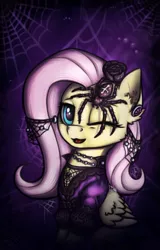 Size: 1161x1812 | Tagged: artist:dipfanken, bust, clothes, creepy, derpibooru import, ear fluff, fluttershy, goth, gothic, jewelry, looking at you, necklace, one eye closed, open mouth, safe, smiling, solo, spider, spider web, wink