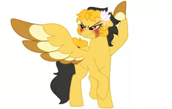 Size: 1260x800 | Tagged: safe, artist:faith-wolff, derpibooru import, oc, oc:summer skies, unofficial characters only, pegasus, pony, blushing, flower, flower in hair, offspring, parent:oc:rusty mcshale, parent:spitfire, parents:canon x oc, scrunchy face, simple background, solo, white background