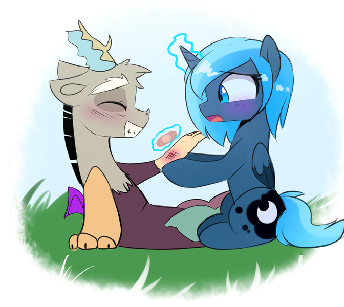 Size: 1800x1607 | Tagged: safe, artist:elementalokami, derpibooru import, discord, princess luna, alicorn, draconequus, pony, bandaid, blushing, cute, discute, eyes closed, female, filly, filly luna, foal, grass, injured, levitation, lunabetes, lunacord, magic, male, open mouth, s1 luna, sad, shipping, simple background, sitting, straight, telekinesis, white background, woona, young discord, younger