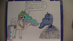 Size: 1552x873 | Tagged: artist:supahdonarudo, crying, derpibooru import, dialogue, drawing, frown, letter, looking at each other, open mouth, princess celestia, princess luna, raised hoof, ren and stimpy, sad, safe, speech bubble, spread wings, traditional art, upset