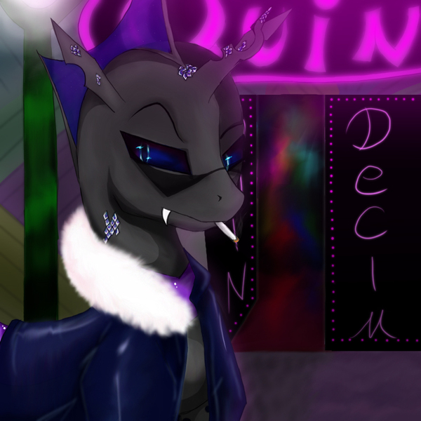 Size: 1000x1000 | Tagged: artist:phobos-ilungian, changeling, changeling oc, clothes, crystal, derpibooru import, fangs, fluffy, jacket, leather jacket, male, nightclub, oc, oc:phobos, purple changeling, quin decim, safe, smoking, solo, sunglasses, unofficial characters only