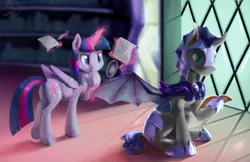 Size: 5950x3850 | Tagged: safe, artist:silfoe, derpibooru import, twilight sparkle, twilight sparkle (alicorn), oc, oc:au hasard, alicorn, bat pony, pony, fanfic, fanfic:researcher twilight, absurd resolution, armor, duo, fanfic art, frown, hoof hold, levitation, magic, magnifying glass, night guard, raised leg, reading, research, royal guard, sitting, smiling, studying, telekinesis, thinking, underhoof, writing