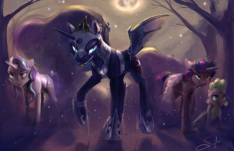 Size: 5100x3300 | Tagged: safe, artist:silfoe, derpibooru import, nightmare moon, princess luna, spike, starlight glimmer, twilight sparkle, twilight sparkle (alicorn), alicorn, ghoul, pony, royal sketchbook, :p, absurd resolution, broken chains, chains, creepy, dead tree, ear piercing, evil grin, fangs, floppy ears, forest, frown, full moon, glare, grin, group, halloween, horn ring, lidded eyes, looking at you, moon, night, nightmare mlem, nightmare moon glamour, nightmare night, open mouth, piercing, raised hoof, raised leg, smiling, smirk, spread wings, tongue out, tree, walking