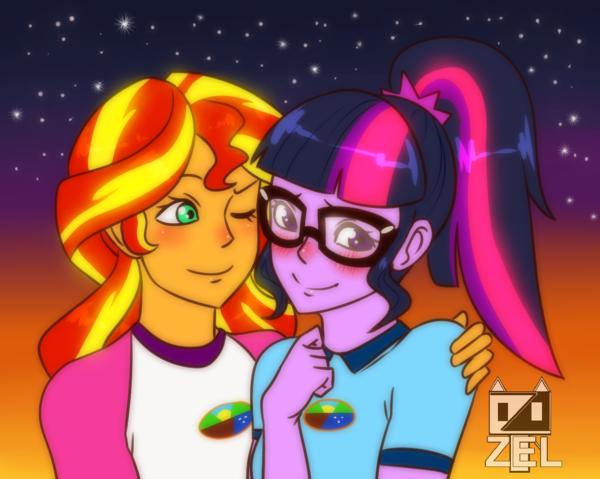 Size: 600x479 | Tagged: safe, artist:ponyprincessgirl100, derpibooru import, sci-twi, sunset shimmer, twilight sparkle, equestria girls, legend of everfree, blushing, clothes, cuddling, cute, female, glasses, lesbian, meme, one eye closed, otp, scitwishimmer, shimmerbetes, shipping, snuggling, sunsetsparkle, twiabetes