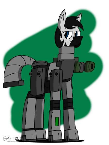 Size: 2000x2667 | Tagged: armor, artist:derpanater, commission, derpibooru import, fallout equestria, gun, male, oc, oc:tripwire, powered exoskeleton, safe, simple background, solo, unofficial characters only, weapon, zony