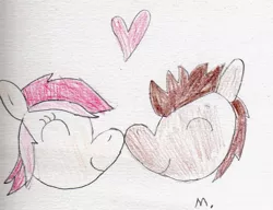 Size: 1267x974 | Tagged: safe, artist:ptitemouette, derpibooru import, doctor whooves, roseluck, time turner, pony, boop, cute, doctorrose, heart, male, noseboop, shipping, stallion, straight, traditional art