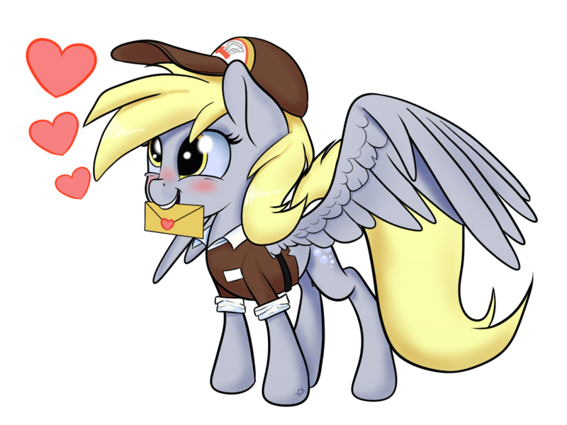 Size: 1024x768 | Tagged: safe, artist:arcuswind, derpibooru import, derpy hooves, pegasus, pony, blushing, clothes, female, heart, letter, love letter, mailmare, mare, mouth hold, simple background, solo, spread wings, transparent background, uniform