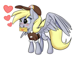 Size: 1024x768 | Tagged: safe, artist:arcuswind, derpibooru import, derpy hooves, pegasus, pony, blushing, clothes, female, heart, letter, love letter, mailmare, mare, mouth hold, simple background, solo, spread wings, transparent background, uniform