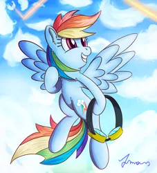 Size: 1500x1650 | Tagged: artist:atmosseven, backwards cutie mark, cloud, derpibooru import, flying, goggles, grin, rainbow dash, safe, smiling, solo