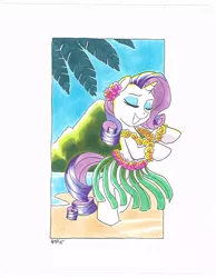Size: 620x800 | Tagged: safe, artist:tonyfleecs, derpibooru import, rarity, pony, beach, bipedal, clothes, dancing, eyes closed, flower, flower in hair, grass skirt, hawaii, hawaiian, hawaiian flower in hair, hula, hula dance, hularity, lei, skirt, smiling, solo, traditional art